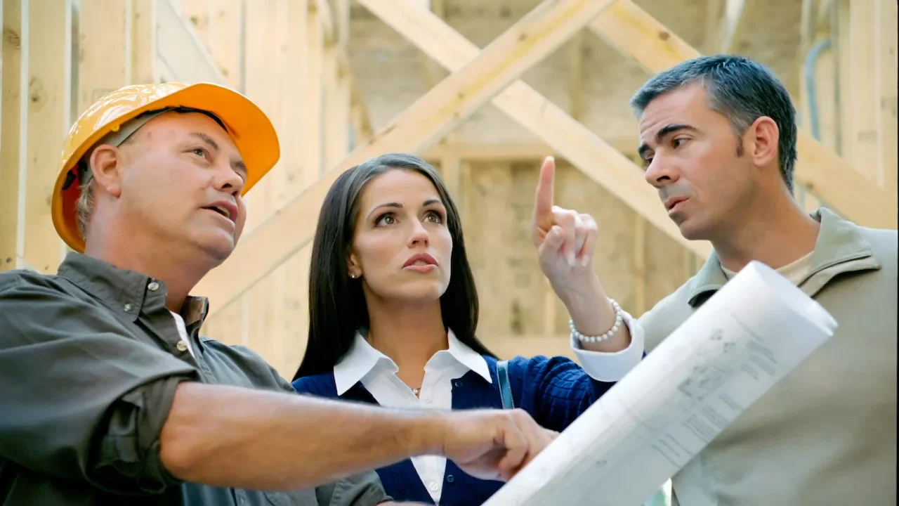 A construction team discusses plans while standing in a wooden framing structure, with one person pointing and others observing closely.